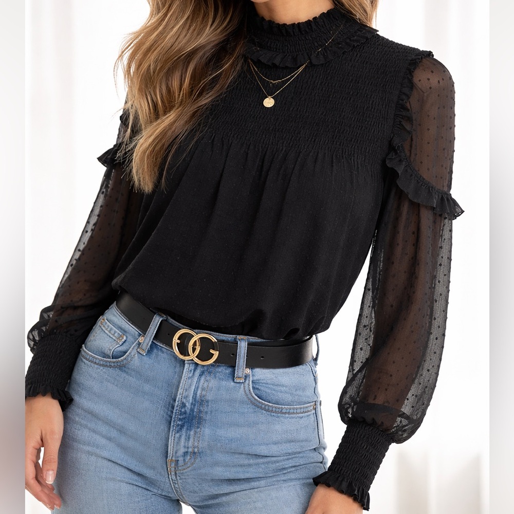 ZARA Blouse Trafaluc Black Smocked Swiss Dot Mesh Sleeve Top XS